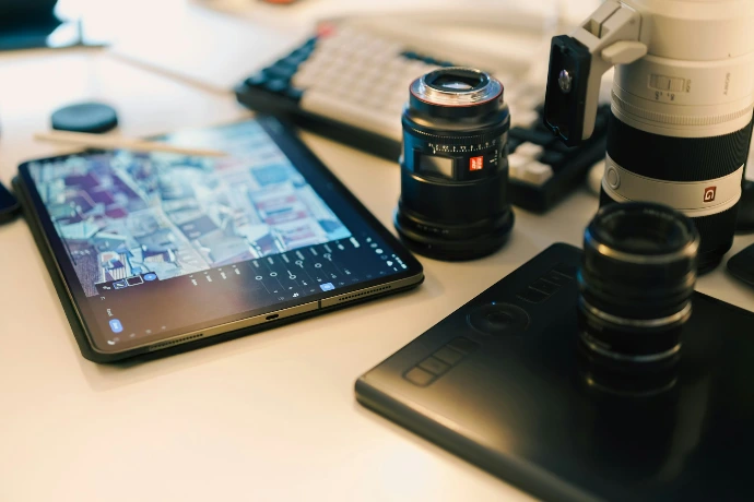 Photography equipment on a well-lit desk.